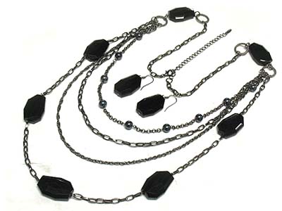 Multi strand facet glass nugget and metal bead deco necklace and earring set