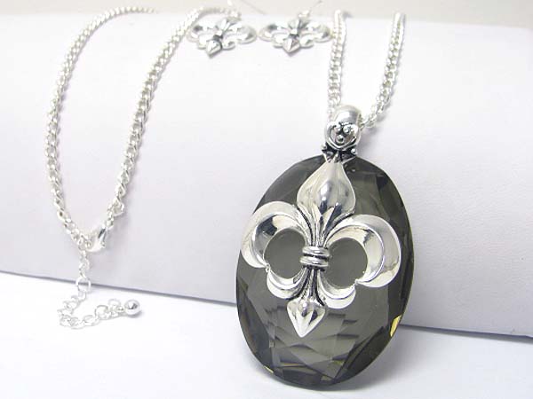 Fleur de lis on facey large glass stone pendant necklace earring set