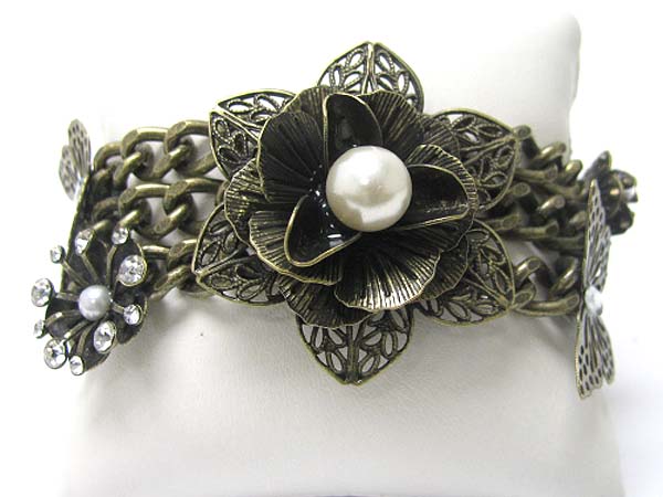 Crystal and pearl deco burnish metal flower  link bracelet