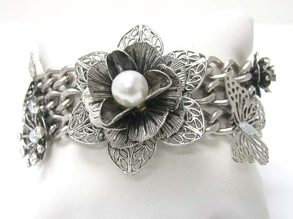 Crystal and pearl deco burnish metal flower  link bracelet