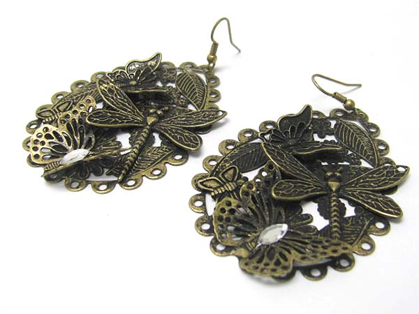 Metal art disk butterfly and dragonfly earring