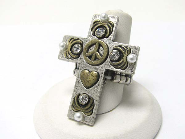 Crystal stud peace theme burnish metal cross stretch ring