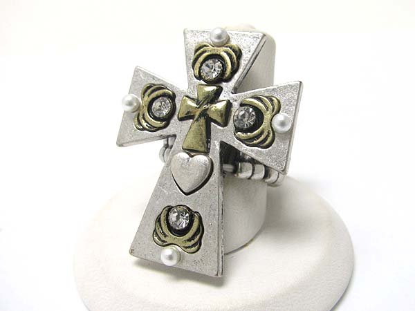 Crystal stud peace theme burnish metal cross stretch ring