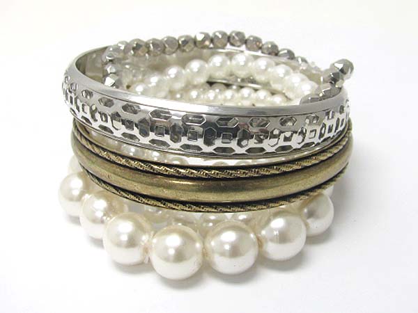 Pearl and mix multi row metal bracelet set