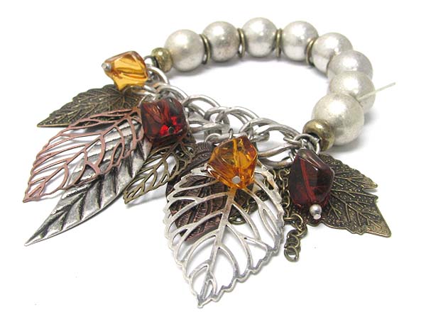 Metal leaves charm dangle metal ball stretch bracelet