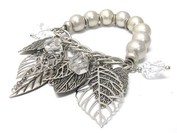 Metal leaves charm dangle metal ball stretch bracelet