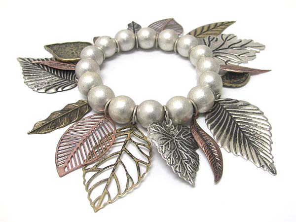 Metal leaves charm dangle metal ball stretch bracelet