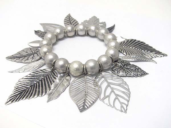 Metal leaves charm dangle metal ball stretch bracelet