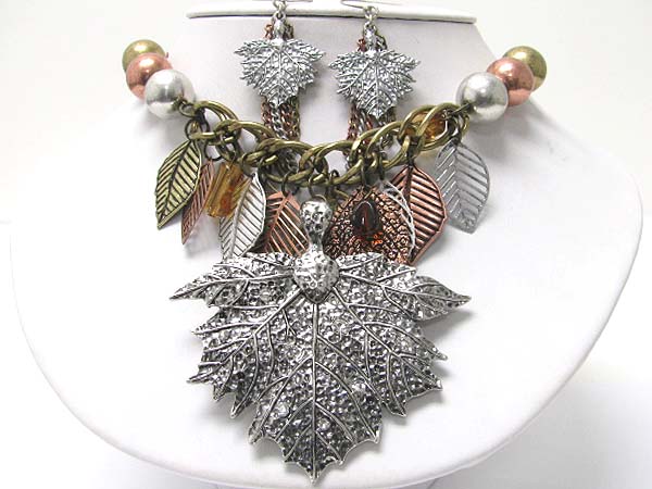 Multi metal leaves charm dangle necklace earring set