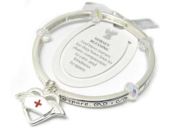 Nursing hat charm message inscribed stretch bracelet