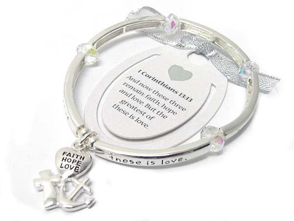 Cross charm message inscribed stretch bracelet