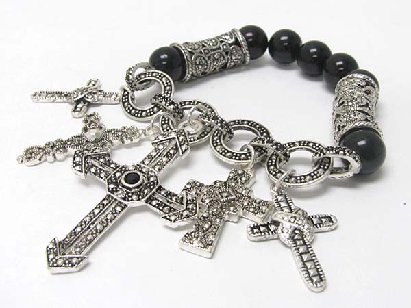 Marcasite texture cross charm dangle stretch bracelet