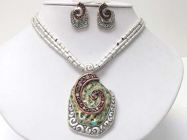 Crystal and patina swirl art deco pendant neckalce earring set