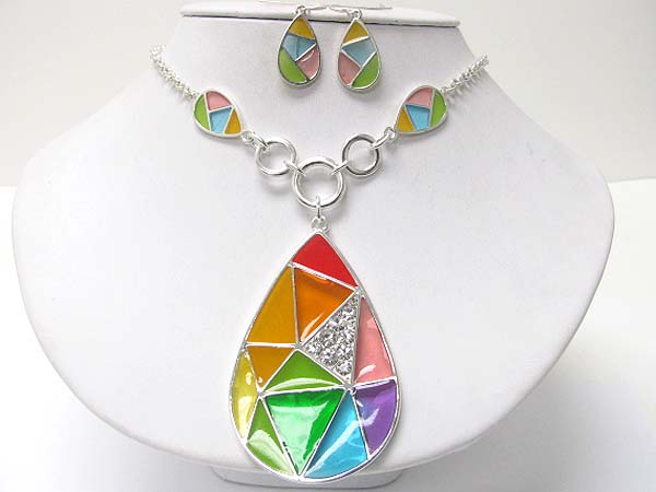 Crystal and epoxy inlay art texture pendant necklace earring set