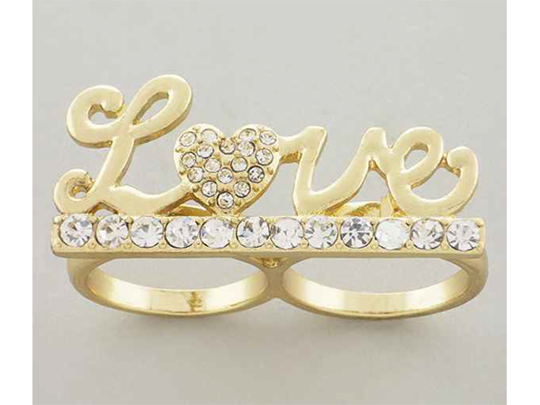 Crystal stud love theme dual finger ring