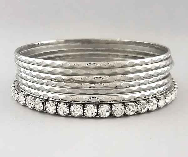 Multi row crystal and metal bangle set