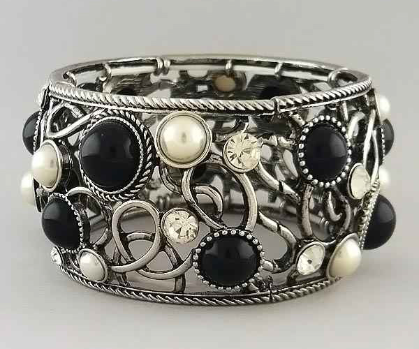 Pearl and crystal deco casting metal stretch bracelet