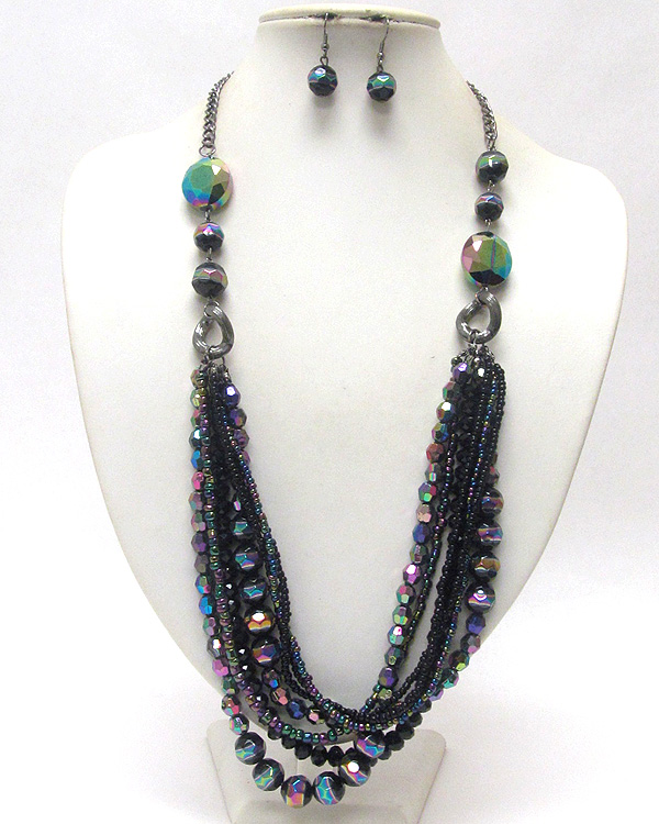 Multi row chunky beads and chain long necklace and earring set