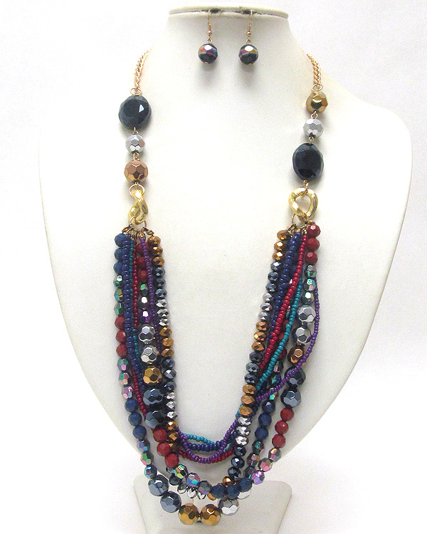 Multi row chunky beads and chain long necklace and earring set