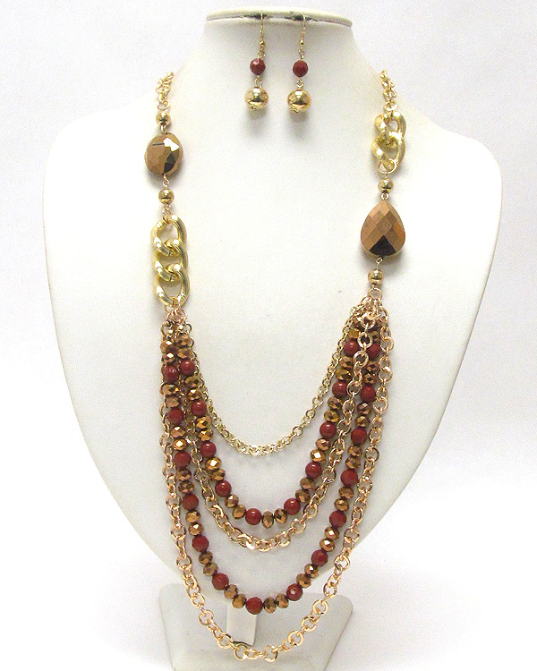 Multi row chunky beads and chain long necklace and earring set