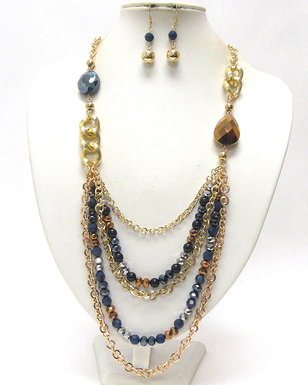 Multi row chunky beads and chain long necklace and earring set