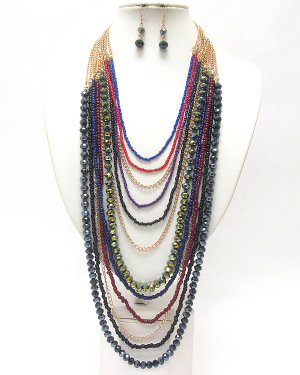 Multi row chunky beads and chain long necklace and earring set