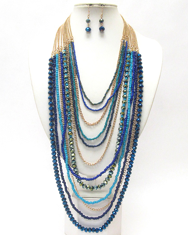 Multi row chunky beads and chain long necklace and earring set