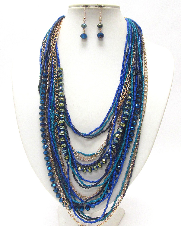 Multi row chunky beads and chain long necklace and earring set