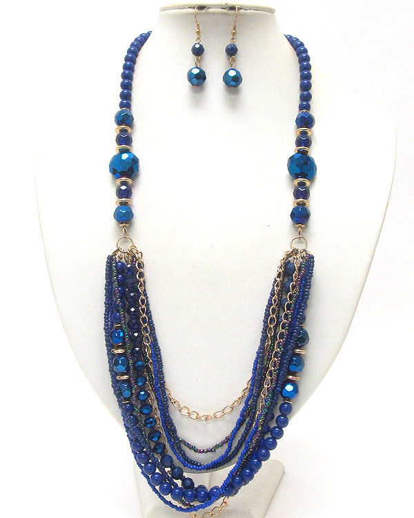 Multi row chunky beads and chain long necklace and earring set