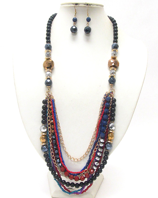 Multi row chunky beads and chain long necklace and earring set