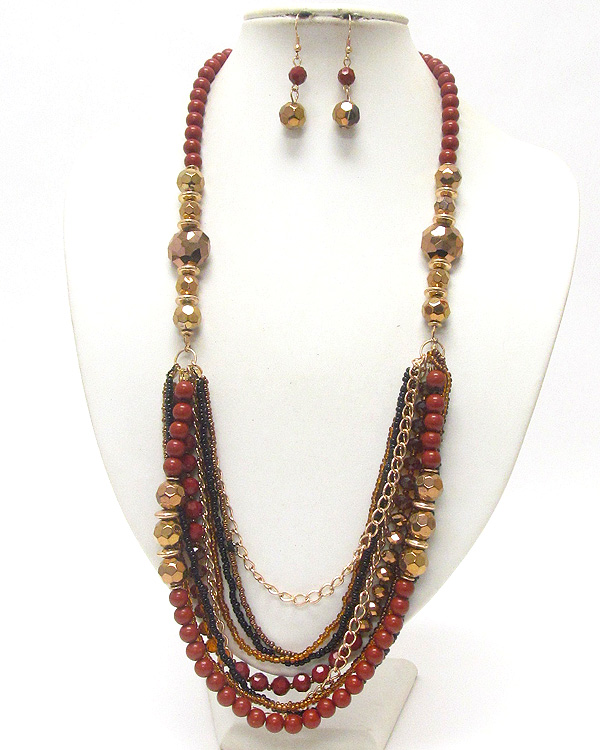 Multi row chunky beads and chain long necklace and earring set