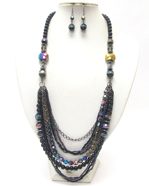 Multi row chunky beads and chain long necklace and earring set