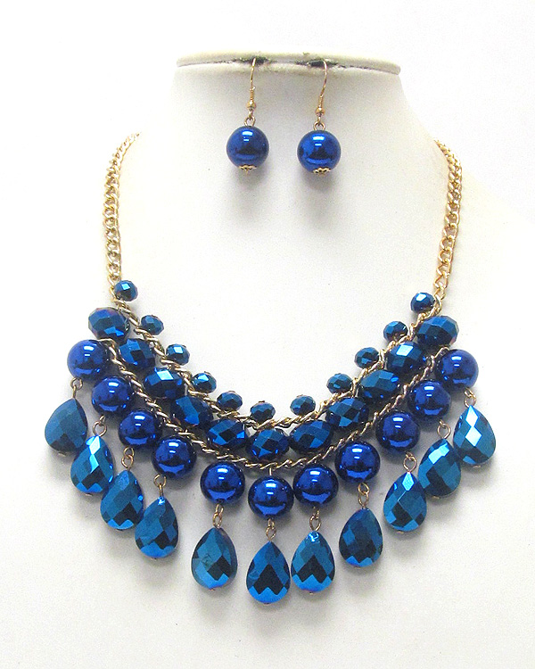 Multi facet metallic beads dangle necklace earring set