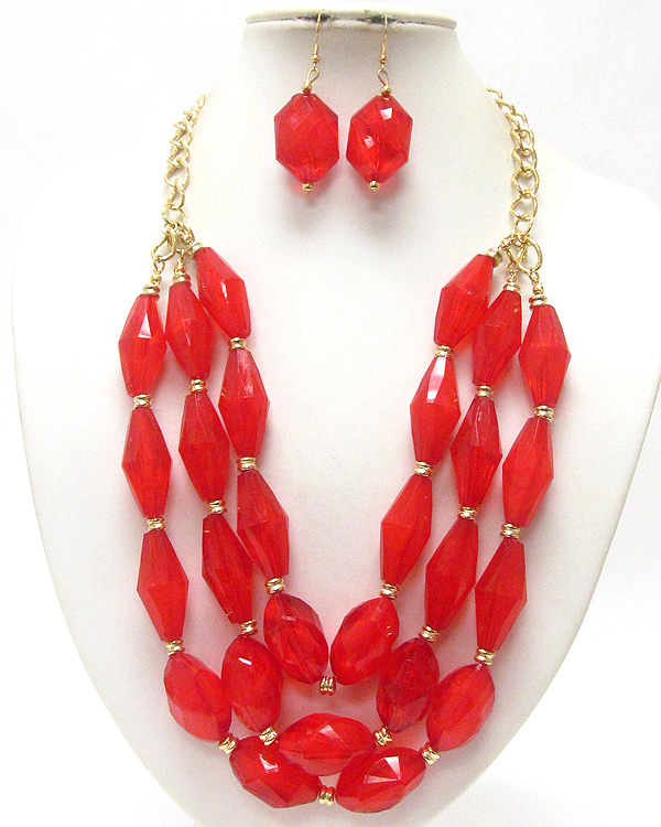 Triple row chunky acryl beads and chain  necklace and earring set