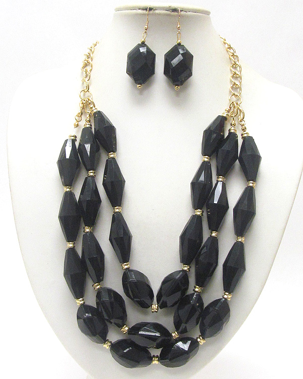 Triple row chunky acryl beads and chain  necklace and earring set