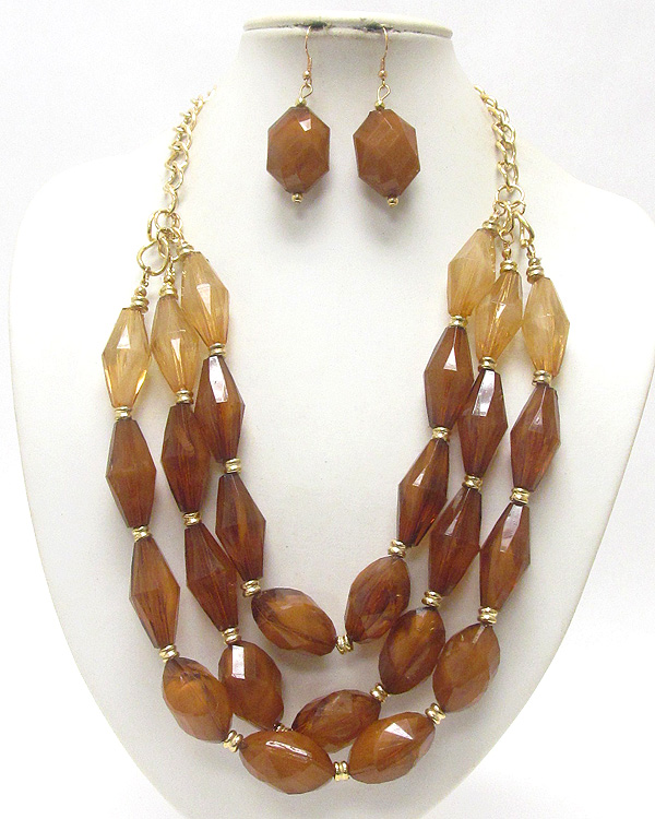 Triple row chunky acryl beads and chain  necklace and earring set