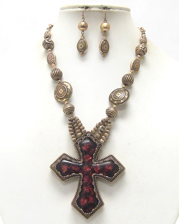 Chunky cross pendant metal art deco necklace earring set