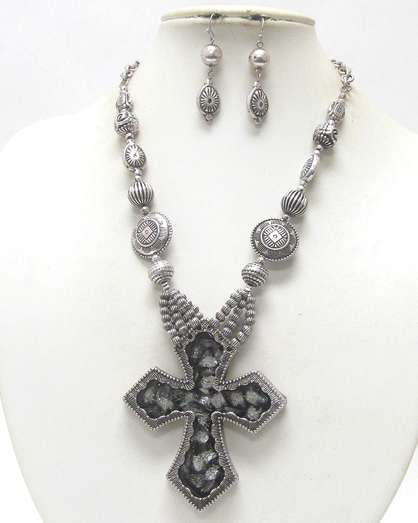 Chunky cross pendant metal art deco necklace earring set