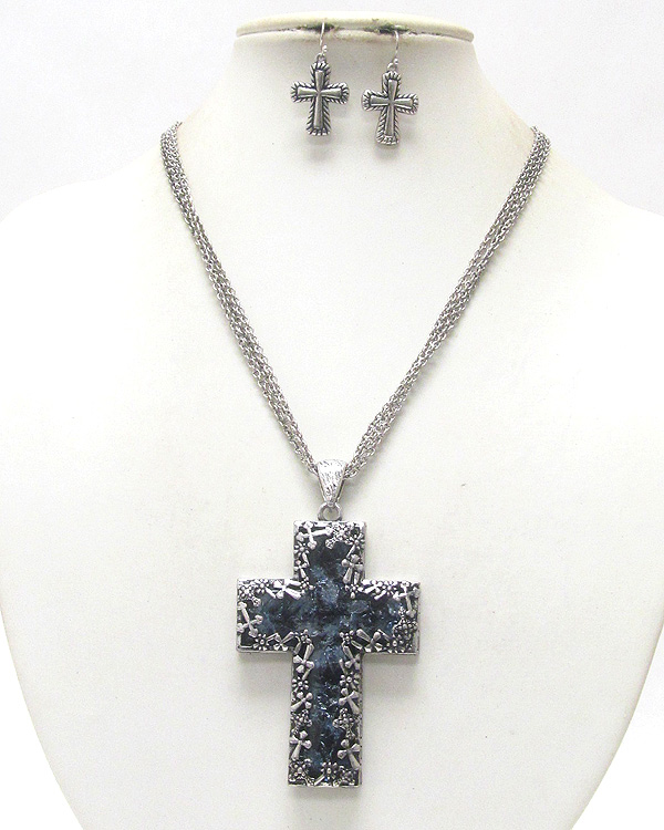 Chunky cross pendant metal art deco necklace earring set