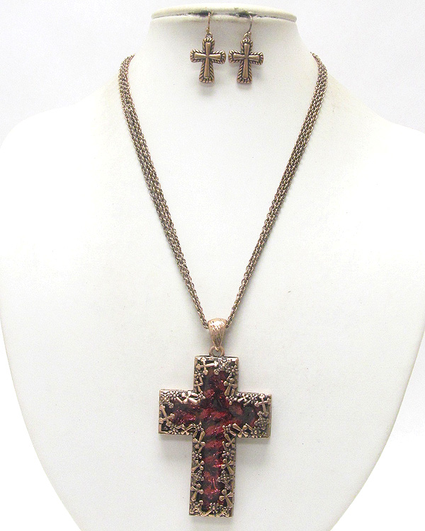 Chunky cross pendant metal art deco necklace earring set