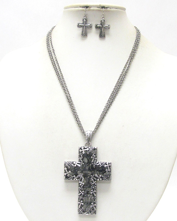 Chunky cross pendant metal art deco necklace earring set