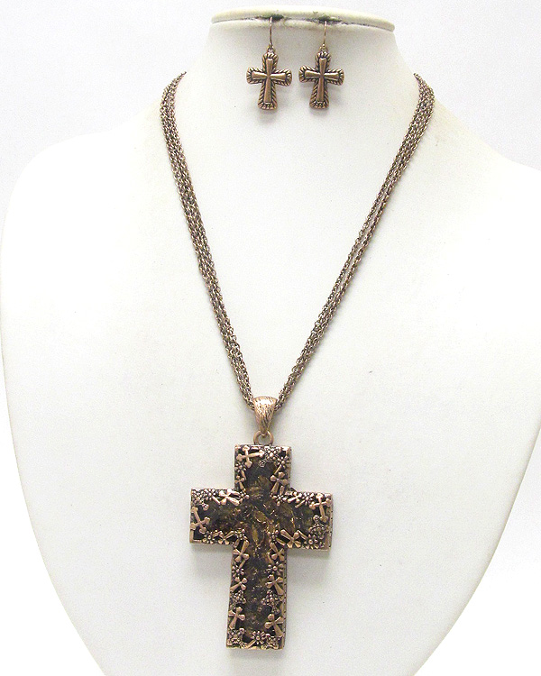 Chunky cross pendant metal art deco necklace earring set