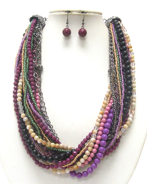 Multi chunky beads and chain braided necklace earring set