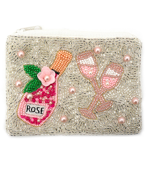 Wine theme multi seedbead handmade wallet - rose