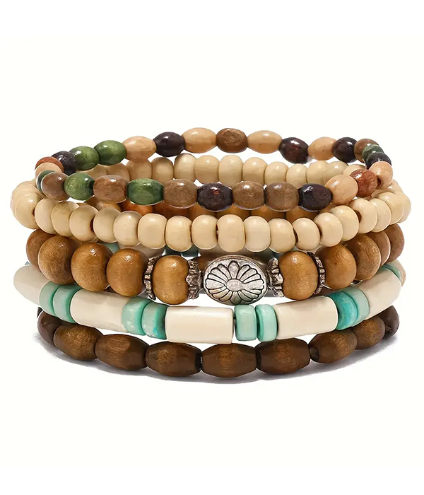 5 piece multi wood bead stretch bracelet set