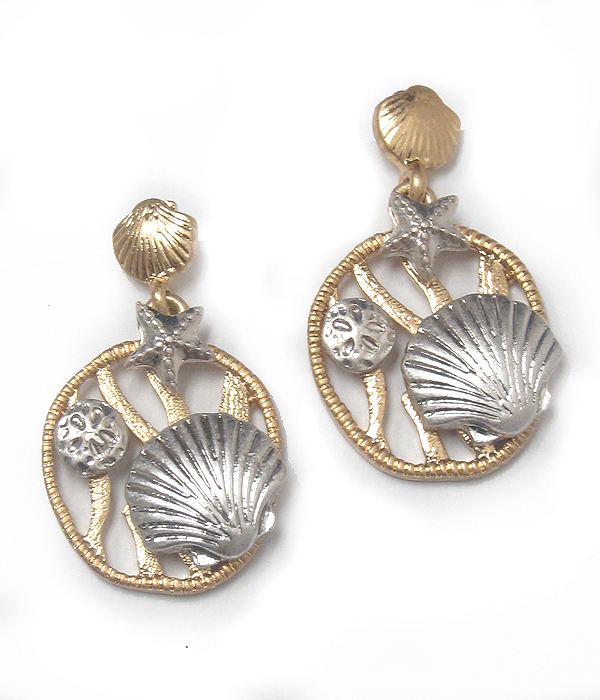 Two tone metal sealife theme earring - shell