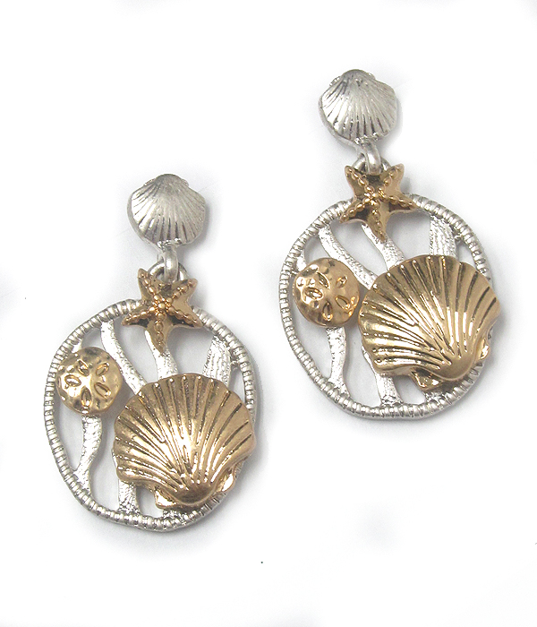 Two tone metal sealife theme earring - shell