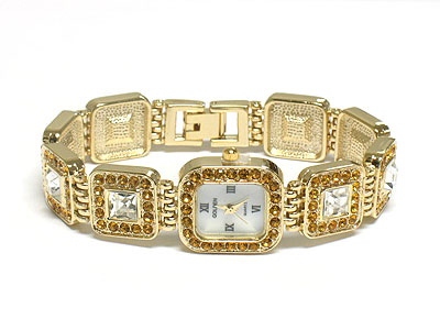 Crystal deco metal link watch