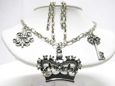 Antique style crown fleur de lis key dangle necklace earring set