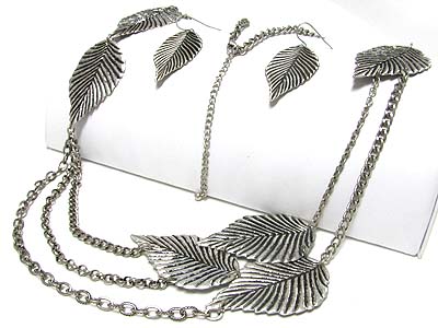 Metal leaves link long necklace earring set